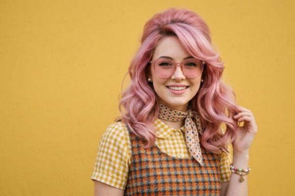 Ragazza sorridente con capelli rosa pastello, acconciatura retrò anni '60, occhiali rosa e abbigliamento vintage su sfondo giallo.