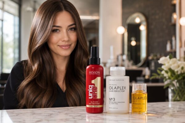Donna con capelli castani lunghi, lisci e luminosi in un salone moderno, con prodotti Revlon Professional Uniq One e Olaplex in primo piano su un piano in marmo.
