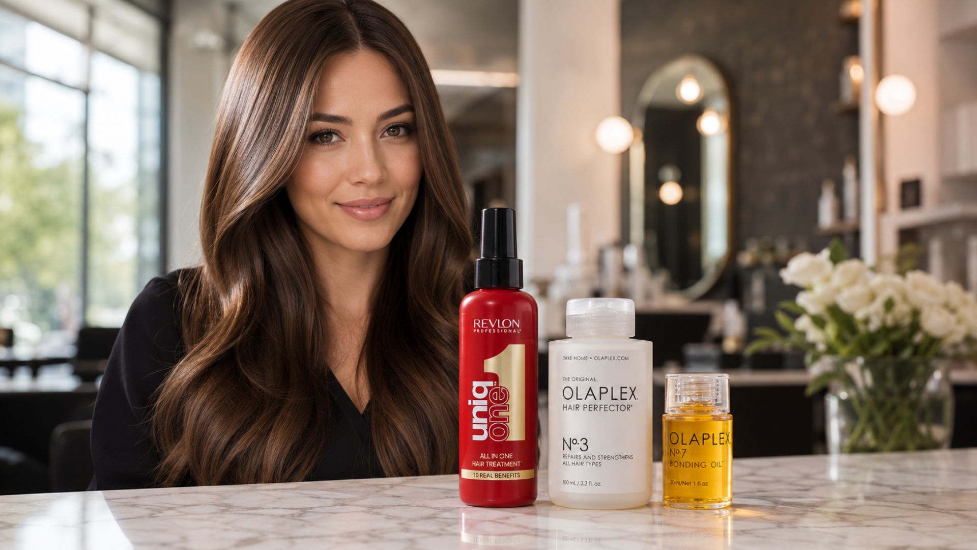 Donna con capelli castani lunghi, lisci e luminosi in un salone moderno, con prodotti Revlon Professional Uniq One e Olaplex in primo piano su un piano in marmo.