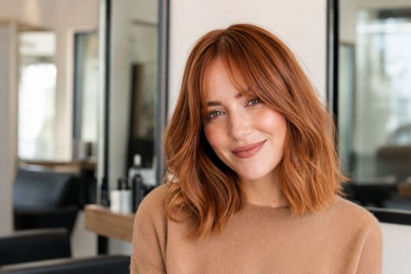 Modella in salone con capelli color rame soft copper, taglio long bob e frangia a tendina.