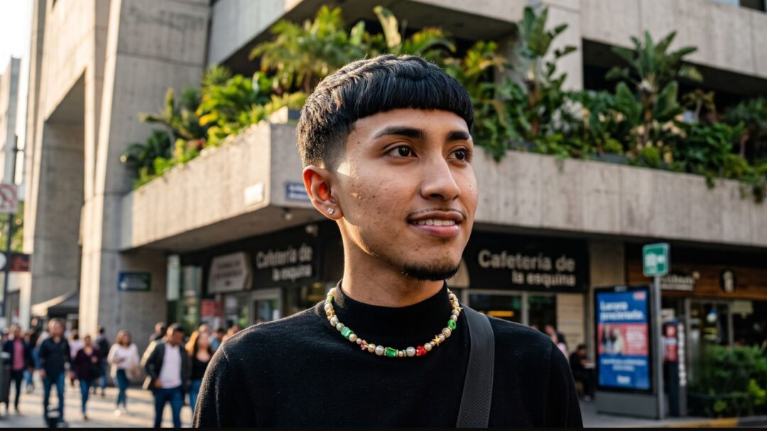 Ragazzo giovane con taglio di capelli stile Edgar cut, frangia geometrica dritta e sfumatura laterale alta, indossa una collana di perle colorate e un lupetto nero.