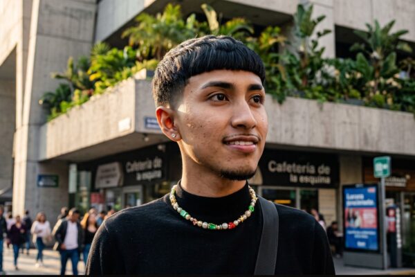 Ragazzo giovane con taglio di capelli stile Edgar cut, frangia geometrica dritta e sfumatura laterale alta, indossa una collana di perle colorate e un lupetto nero.