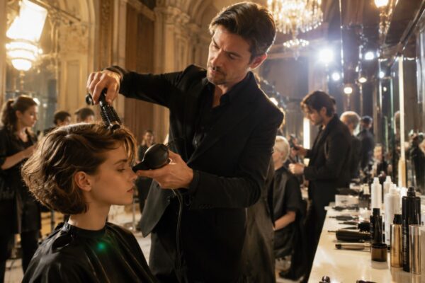 Hairstylist in completo nero acconcia i capelli di una modella durante un backstage in una sala storica con lampadario di cristallo
