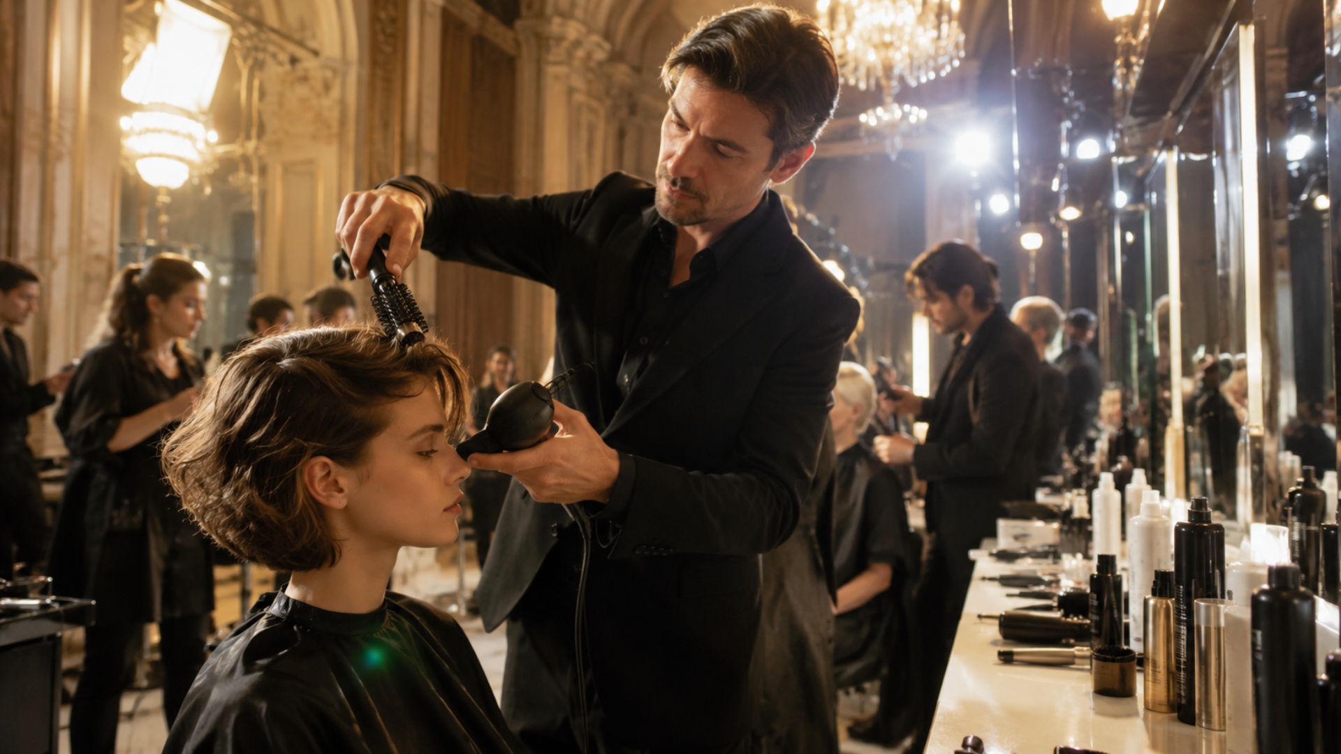 Hairstylist in completo nero acconcia i capelli di una modella durante un backstage in una sala storica con lampadario di cristallo