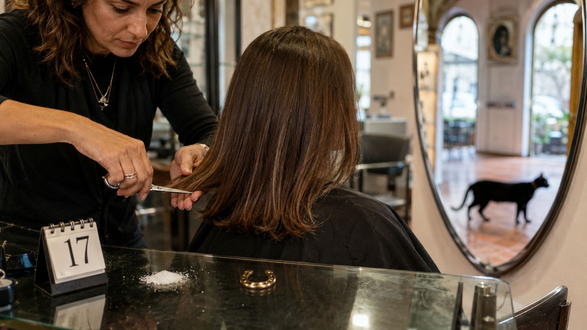 Parrucchiera taglia i capelli a una cliente in salone con calendario 17, sale, ferro di cavallo e gatto nero sullo sfondo.