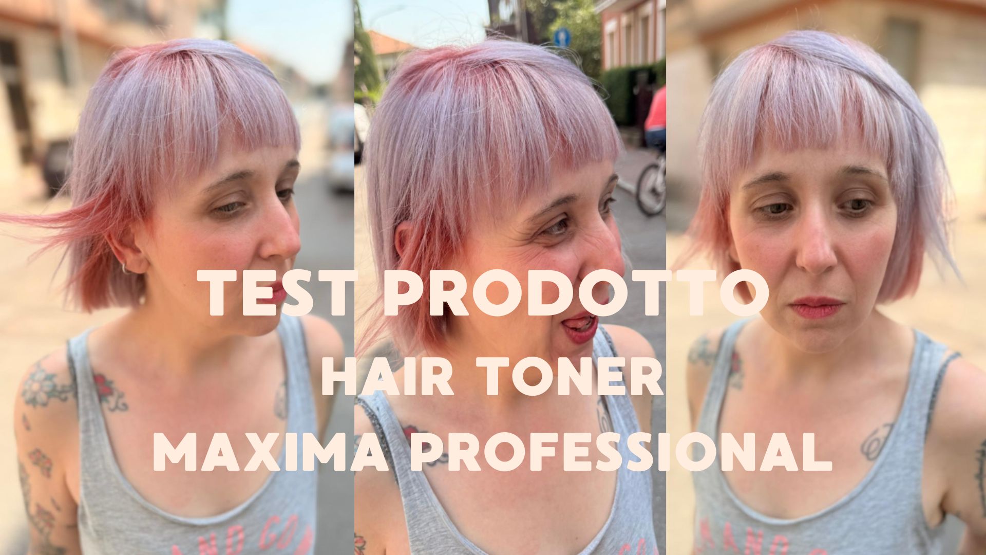 Risultato tonalizzazione con Hair Toner Máxima Professional: shadow roots Blush Pink e lunghezze Silver Ice su taglio corto.