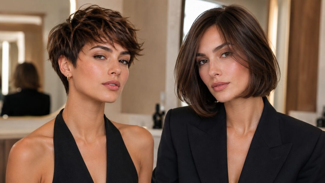 Una fotografia di livello professionale che mostra due donne con stili di capelli corti e scuri, affiancate all'interno di un salone di bellezza moderno e luminoso. La donna a sinistra sfoggia un taglio pixie sbarazzino e testurizzato, mentre la donna a destra ha un bob classico, liscio e arrotondato. Entrambe indossano capi neri eleganti.