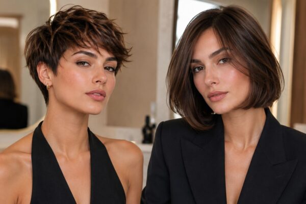 Una fotografia di livello professionale che mostra due donne con stili di capelli corti e scuri, affiancate all'interno di un salone di bellezza moderno e luminoso. La donna a sinistra sfoggia un taglio pixie sbarazzino e testurizzato, mentre la donna a destra ha un bob classico, liscio e arrotondato. Entrambe indossano capi neri eleganti.