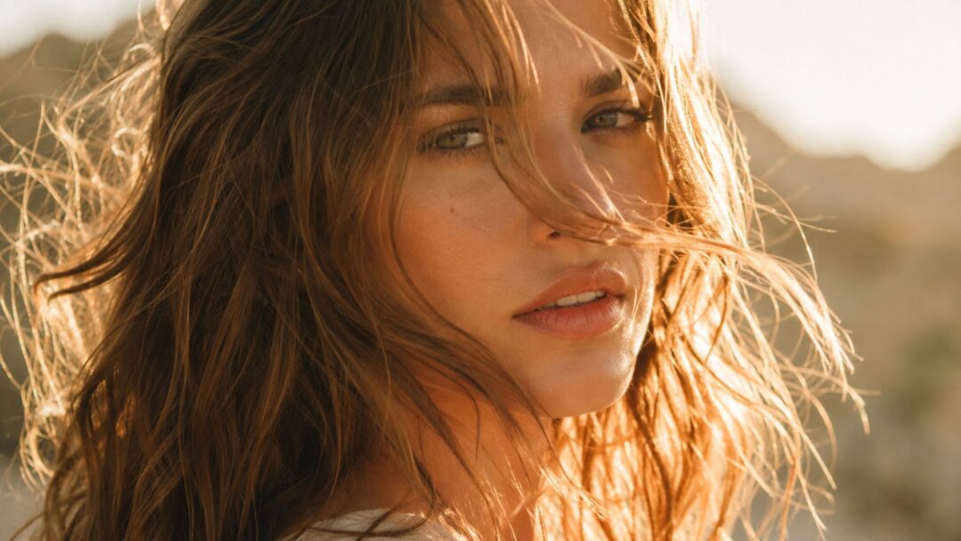 Modella con capelli al vento sotto il sole estivo, effetto luce sulla cuticola