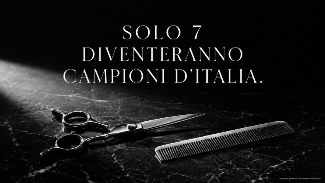 Copertina in bianco e nero con forbici e pettine da parrucchiere e scritta "Solo 7 diventeranno Campioni d'Italia", teaser del Campionato Italiano Hairstylist of the Year MDP, generata con AI.