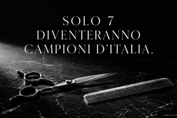 Copertina in bianco e nero con forbici e pettine da parrucchiere e scritta "Solo 7 diventeranno Campioni d'Italia", teaser del Campionato Italiano Hairstylist of the Year MDP, generata con AI.