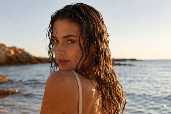 Capelli bagnati stile beach waves su spiaggia al mattino