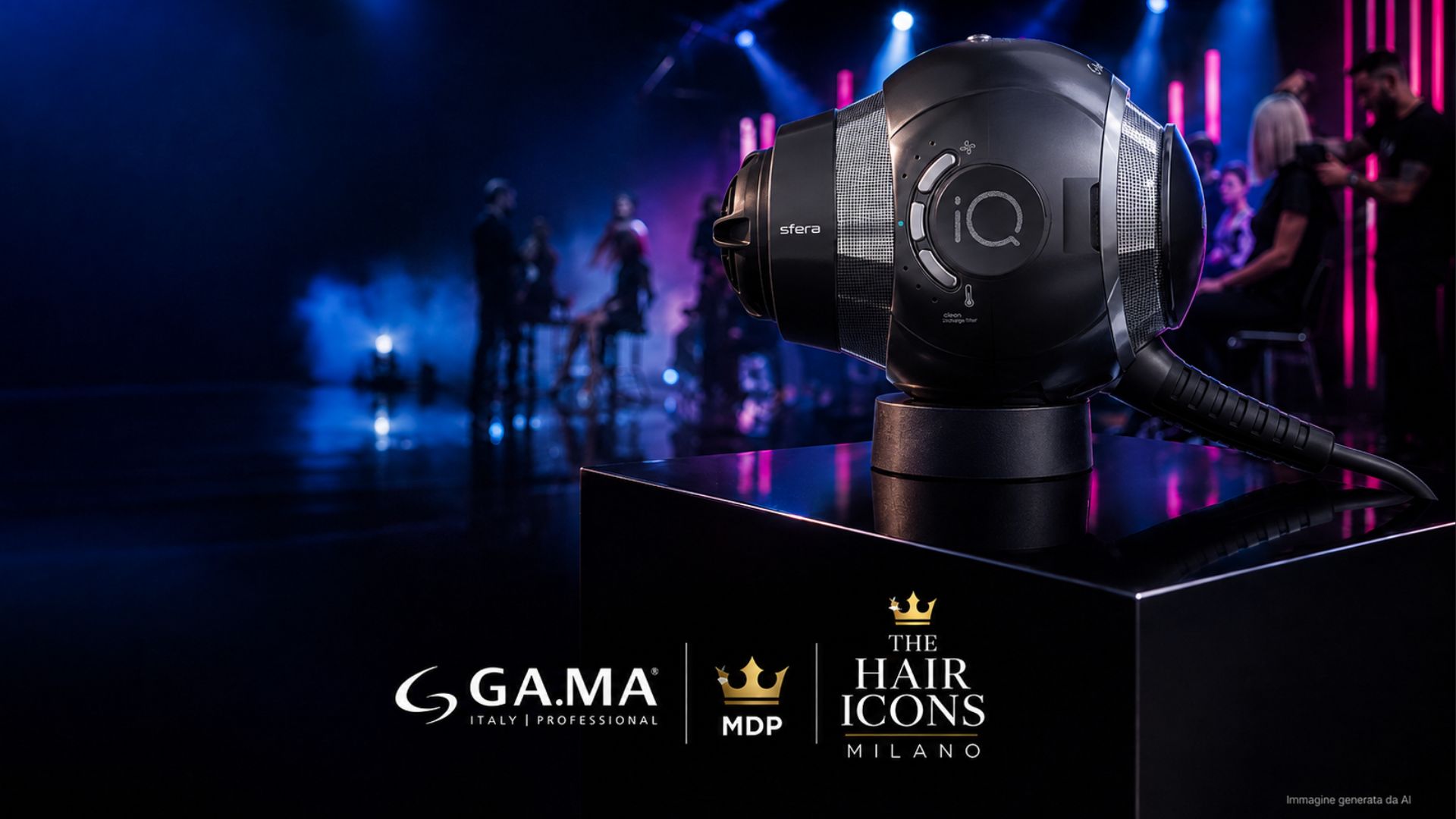 Copertina evento THE HAIR ICONS Milano con il nuovo asciugacapelli professionale Ga.Ma Professional iQ Sfera in primo piano su sfondo scenico blu e magenta, ambientazione salone hairstyling futuristico