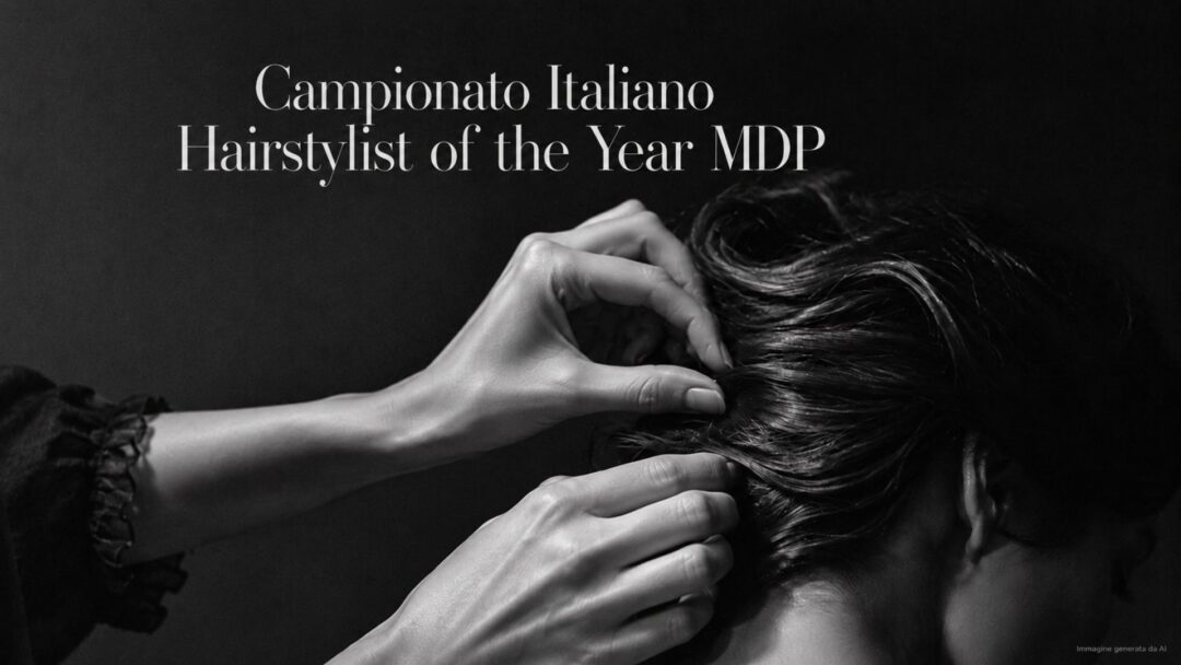 Fotografia editoriale in bianco e nero di mani di hairstylist al lavoro su un'acconciatura, stile Vogue, per l'apertura delle iscrizioni al Campionato Italiano Hairstylist of the Year MDP
