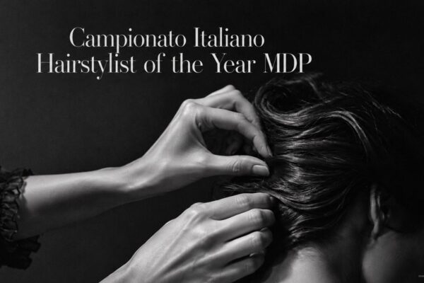Fotografia editoriale in bianco e nero di mani di hairstylist al lavoro su un'acconciatura, stile Vogue, per l'apertura delle iscrizioni al Campionato Italiano Hairstylist of the Year MDP