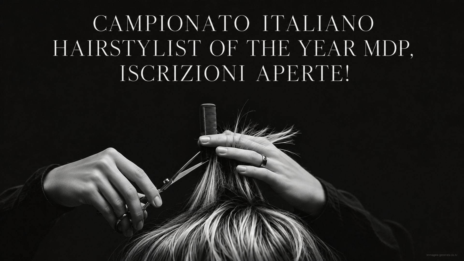 Mani di un hairstylist al lavoro durante una sessione di styling, fotografia editoriale in bianco e nero ad alto contrasto