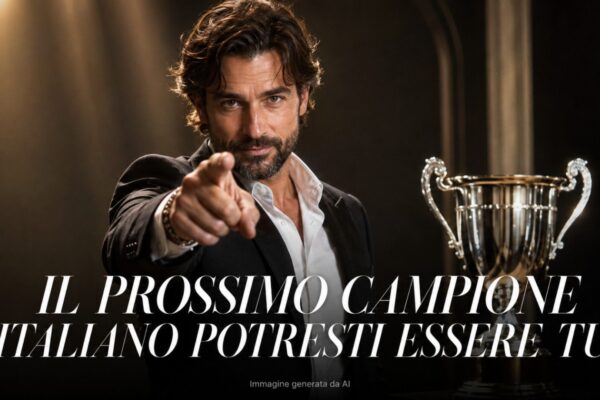 Hairstylist uomo indica la camera accanto a un trofeo con la scritta “Il prossimo campione italiano potresti essere tu”