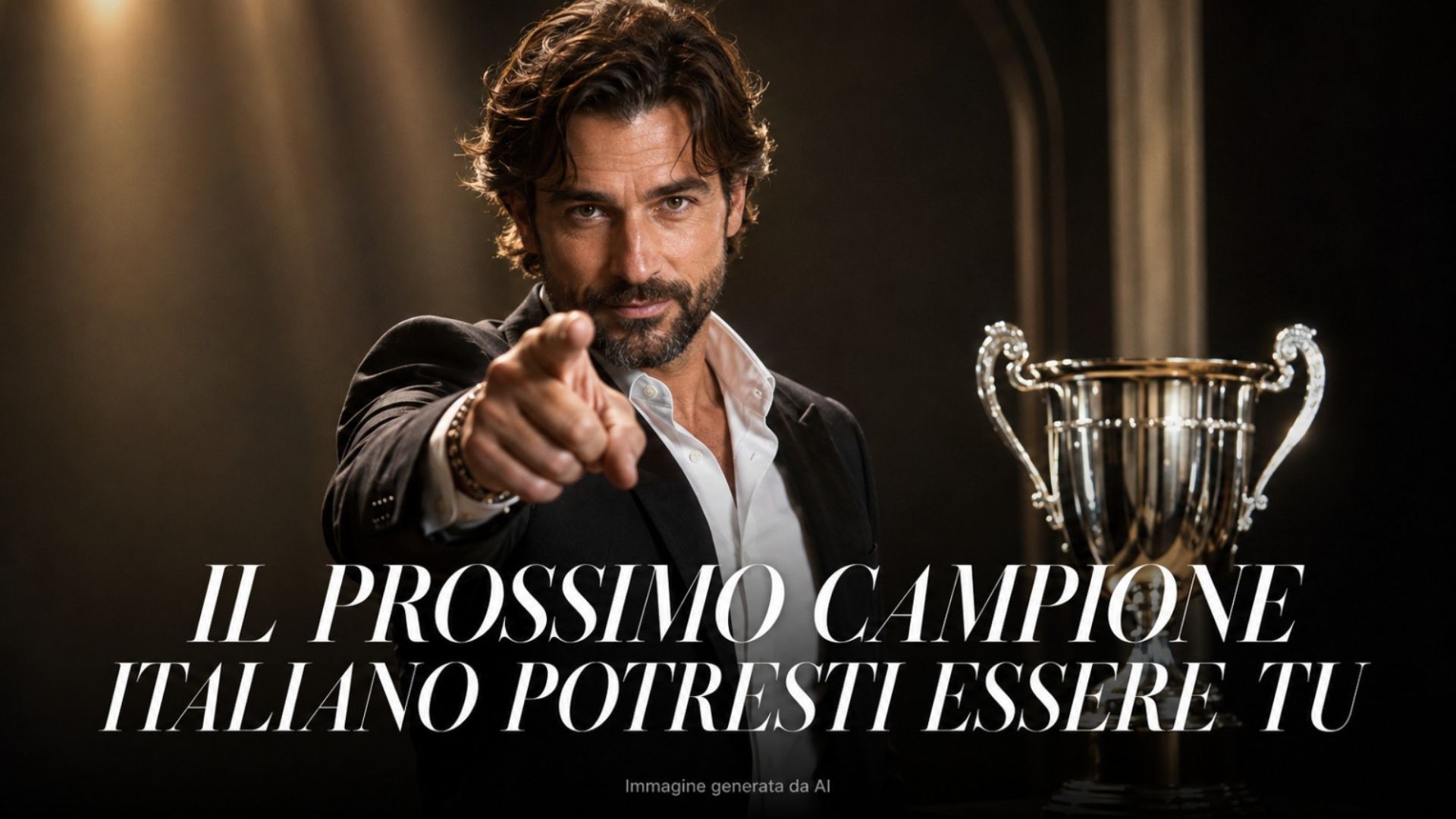 Hairstylist uomo indica la camera accanto a un trofeo con la scritta “Il prossimo campione italiano potresti essere tu”