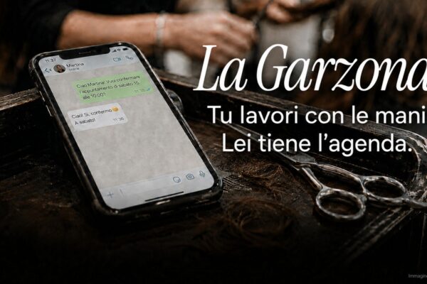 Smartphone con conversazione WhatsApp accanto a forbici professionali in un salone, con logo La Garzona e claim sull’agenda.