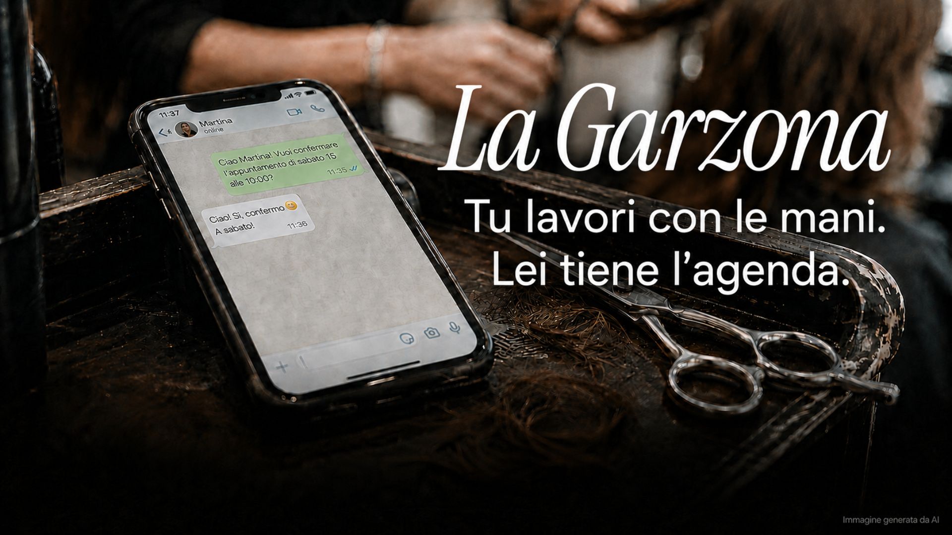 Smartphone con conversazione WhatsApp accanto a forbici professionali in un salone, con logo La Garzona e claim sull’agenda.