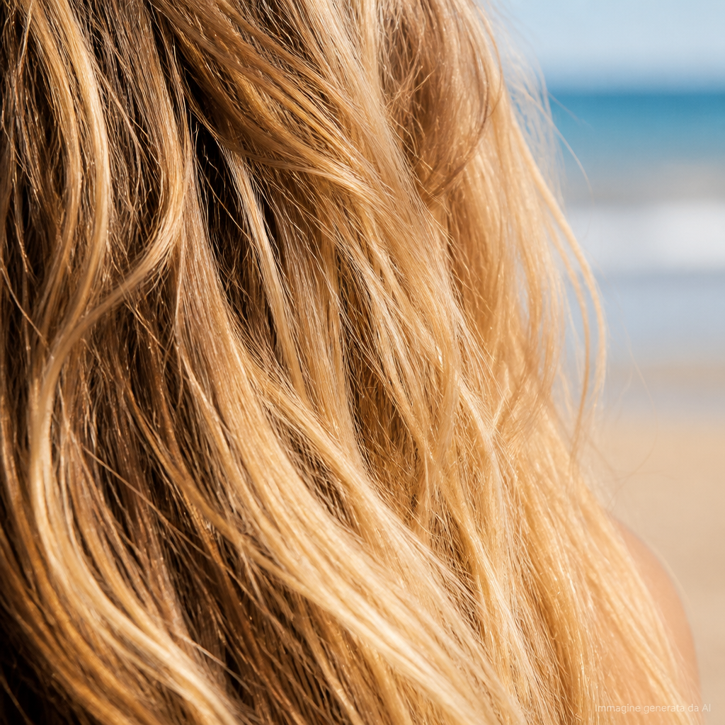Primo piano di capelli schiariti dal sole con riflessi dorati