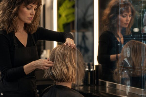 Hairstylist al lavoro davanti a uno specchio con immagini digitali generate dall’intelligenza artificiale.