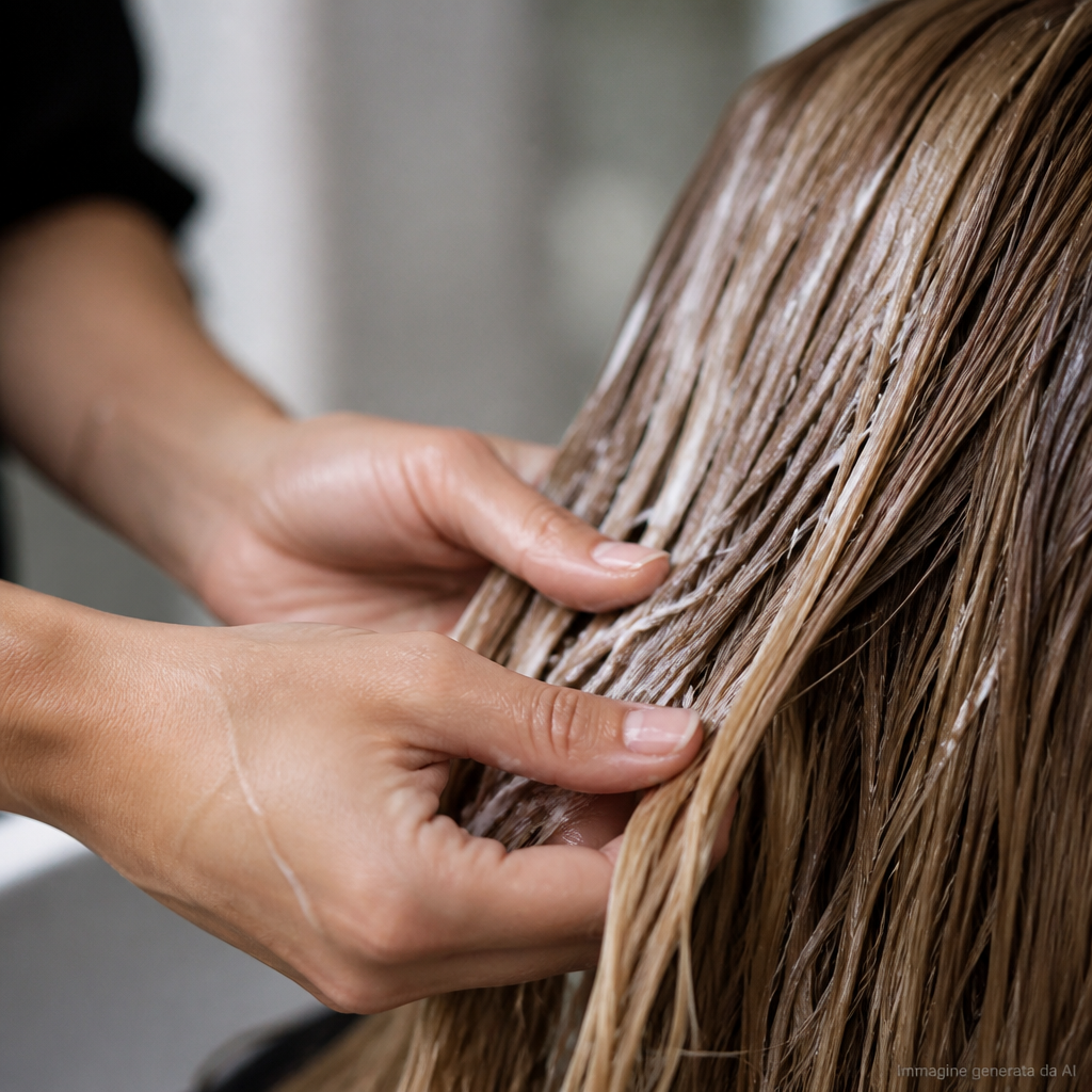 Applicazione di trattamento nutriente su capelli schiariti dal sole