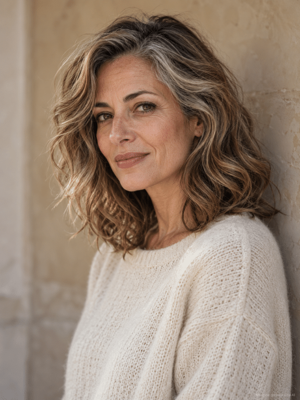 Donna di circa 48 anni con capelli mossi medi e sfumature naturali grigie alle tempie