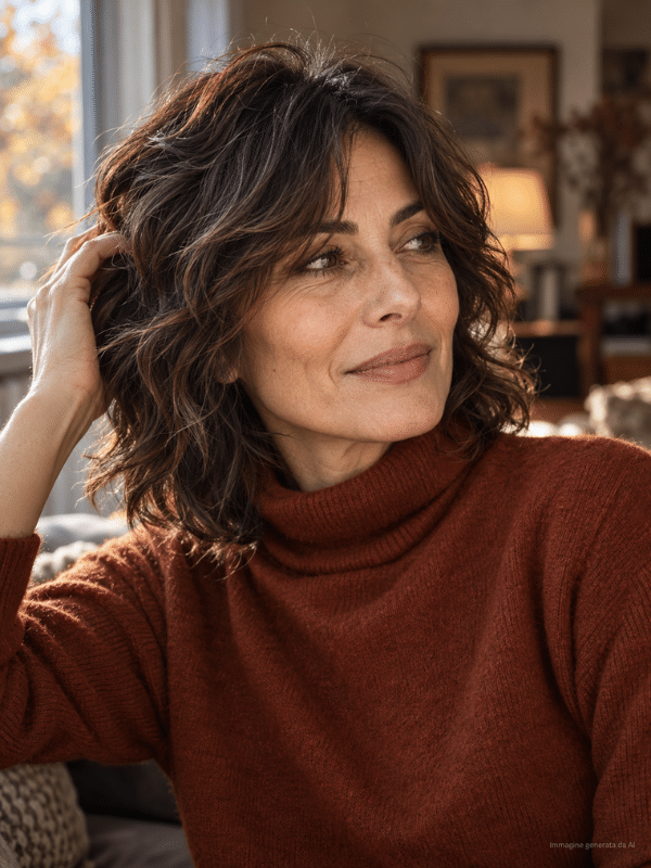 Donna over 40 con soft shag mosso e curtain bangs