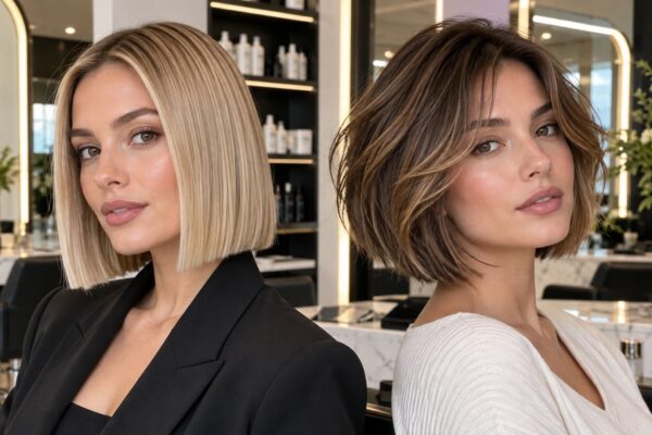 Blunt bob and layered bob compared side by side on fine hair