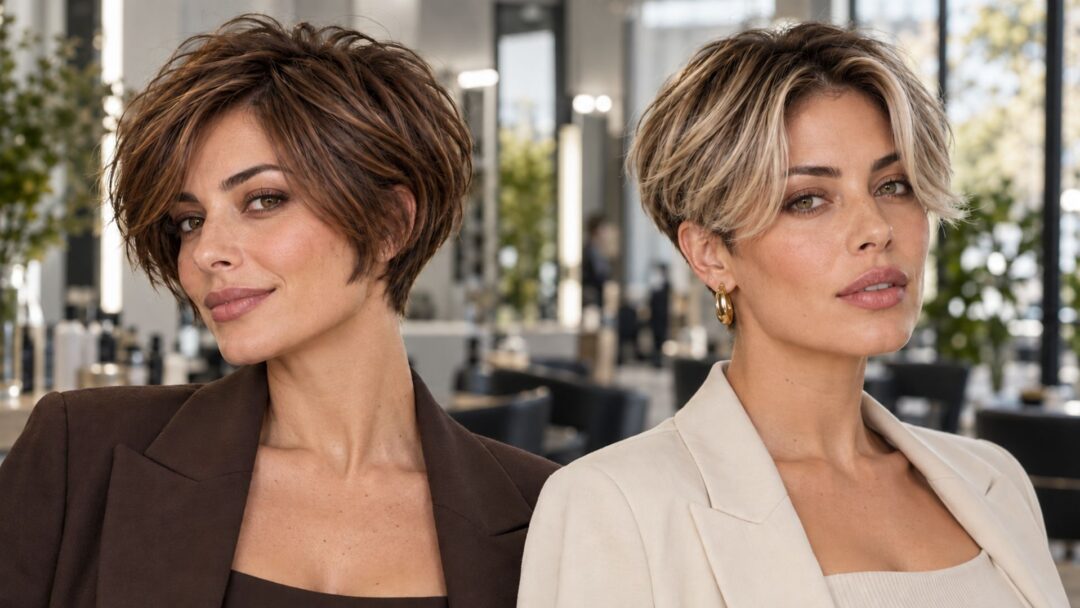 Due interpretazioni di taglio corto femminile: bixie e curtain crop con frangia morbida