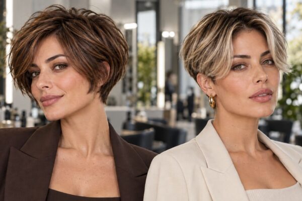 Due interpretazioni di taglio corto femminile: bixie e curtain crop con frangia morbida