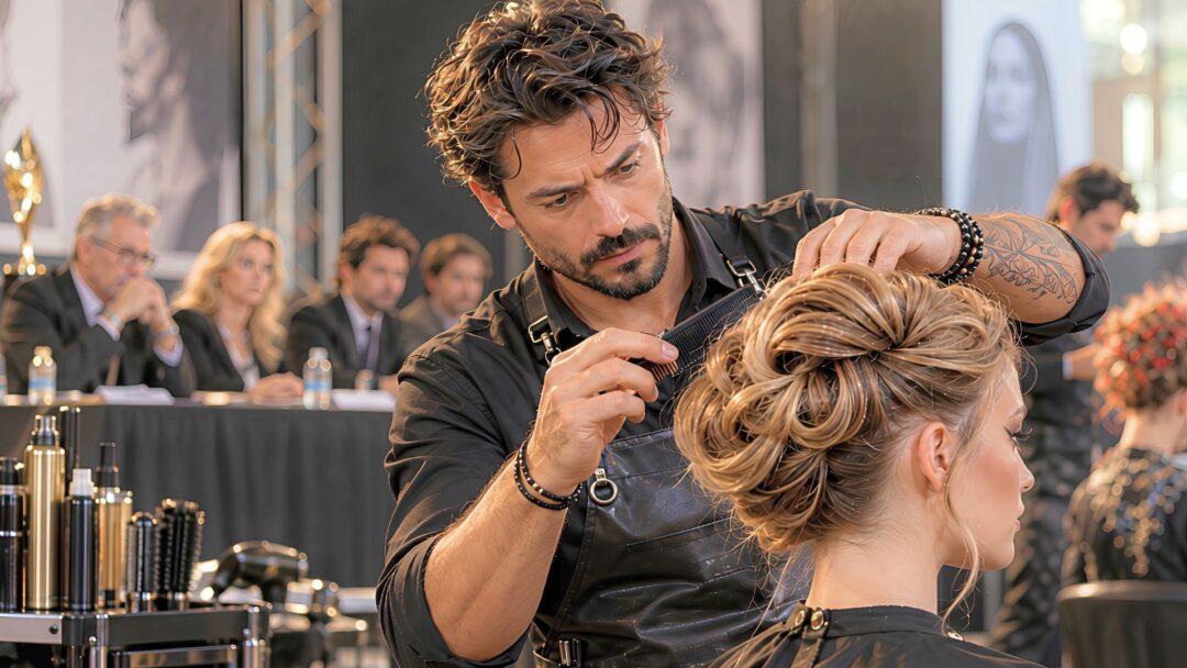 Hairstylist italiano concentrato durante una gara ufficiale di acconciatura, con giuria sullo sfondo.