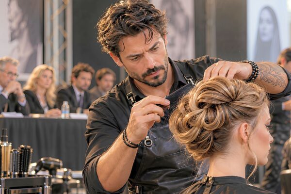 Hairstylist italiano concentrato durante una gara ufficiale di acconciatura, con giuria sullo sfondo.