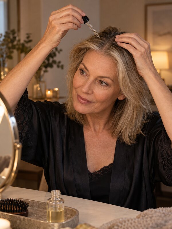 Donna over 50 applica un siero sul cuoio capelluto