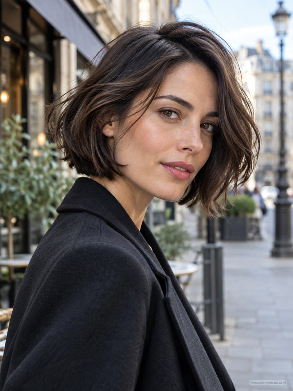 Modella con soft bob castano e movimento naturale