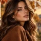 Donna con capelli castani mossi e luminosi in una città italiana al tramonto autunnale