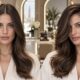 Woman with centre and side part shown side by side in a salon
