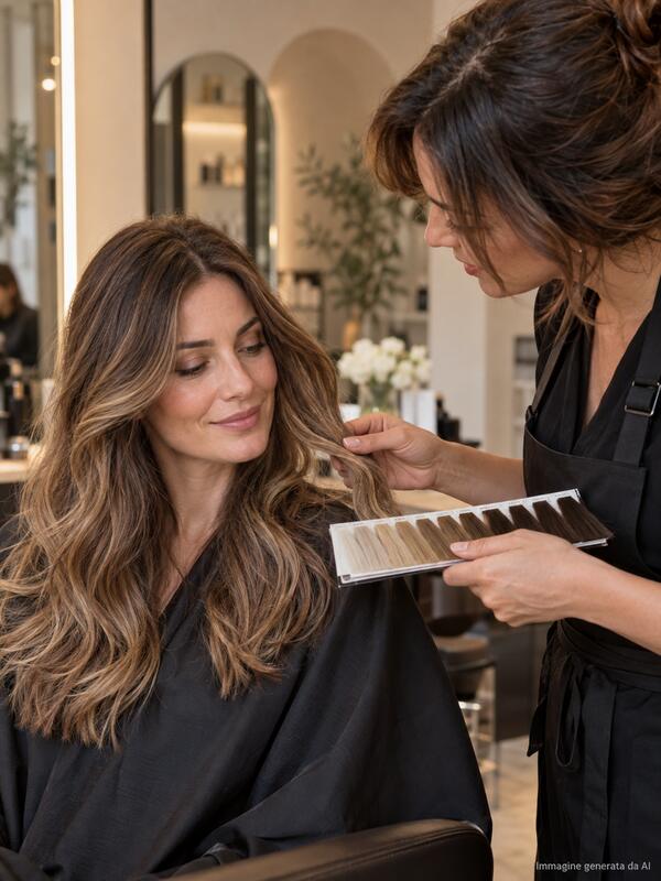 Hairstylist checks the colour preference of a returning salon client