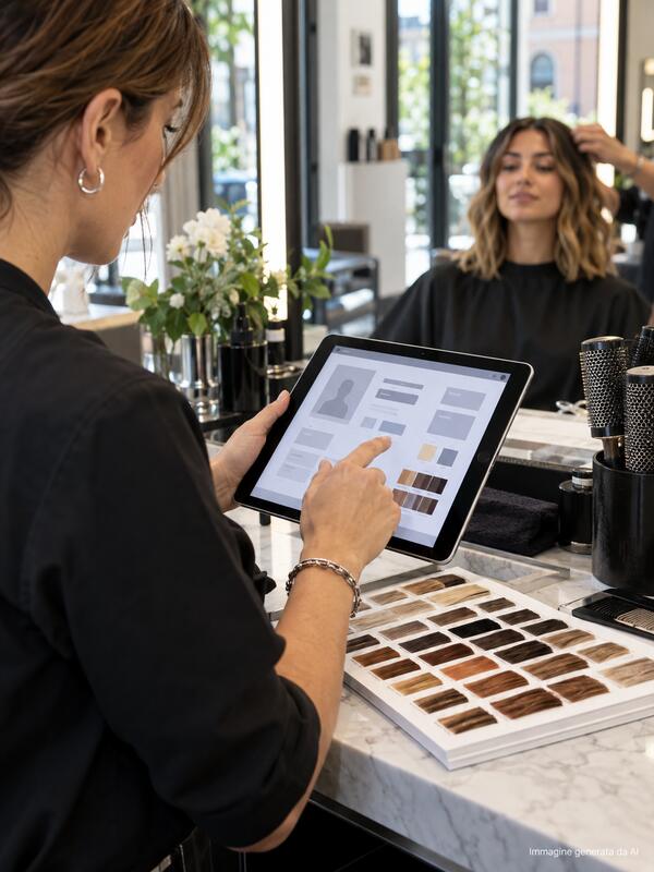 Hairstylist updates a client card on a tablet beside hair colour swatches