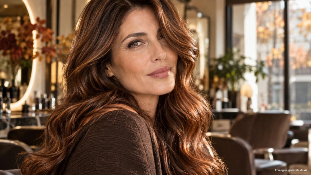Woman with glossy Cinnamon Brunette hair in a salon