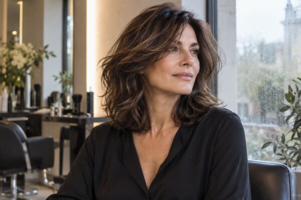 Donna over 40 con capelli medi scalati e volume controllato in una giornata umida