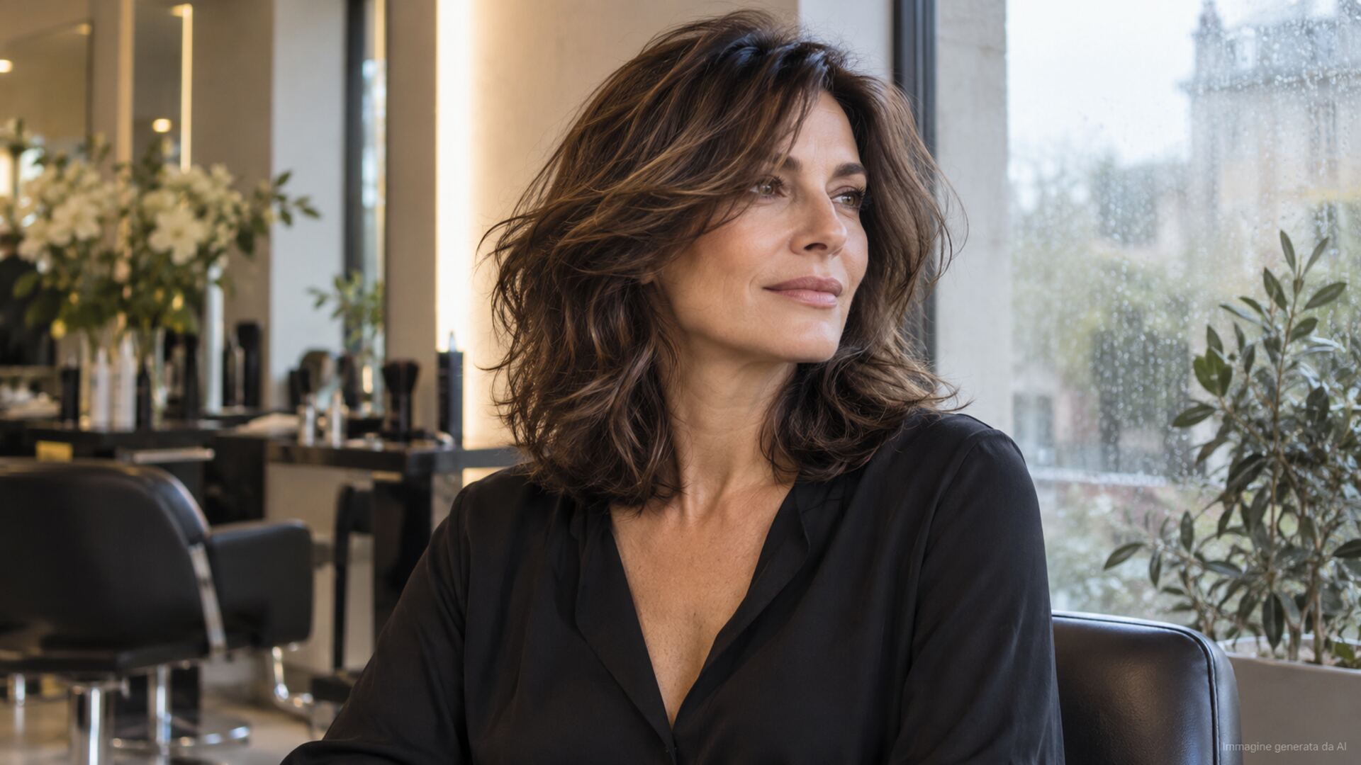 Donna over 40 con capelli medi scalati e volume controllato in una giornata umida