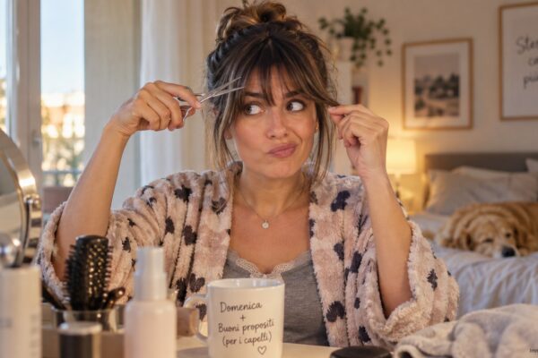 Donna davanti allo specchio con forbici vicino alla frangia la domenica pomeriggio