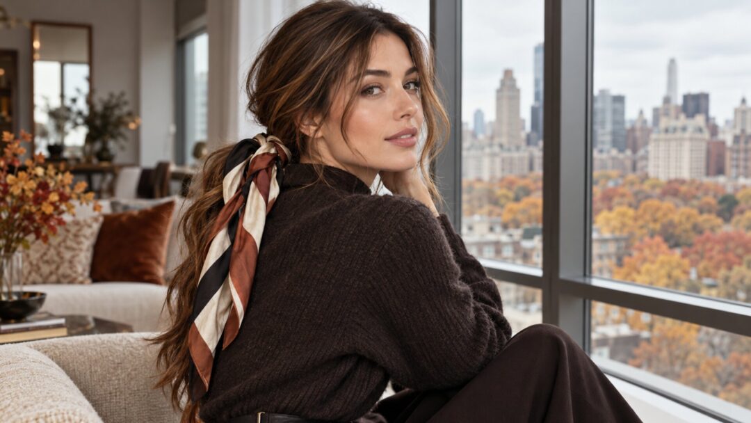 Woman wearing a silk scarf ponytail, a polished fall 2026 hairstyle