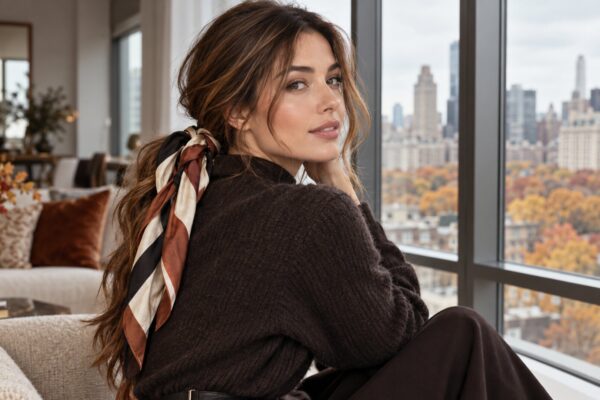 Woman wearing a silk scarf ponytail, a polished fall 2026 hairstyle