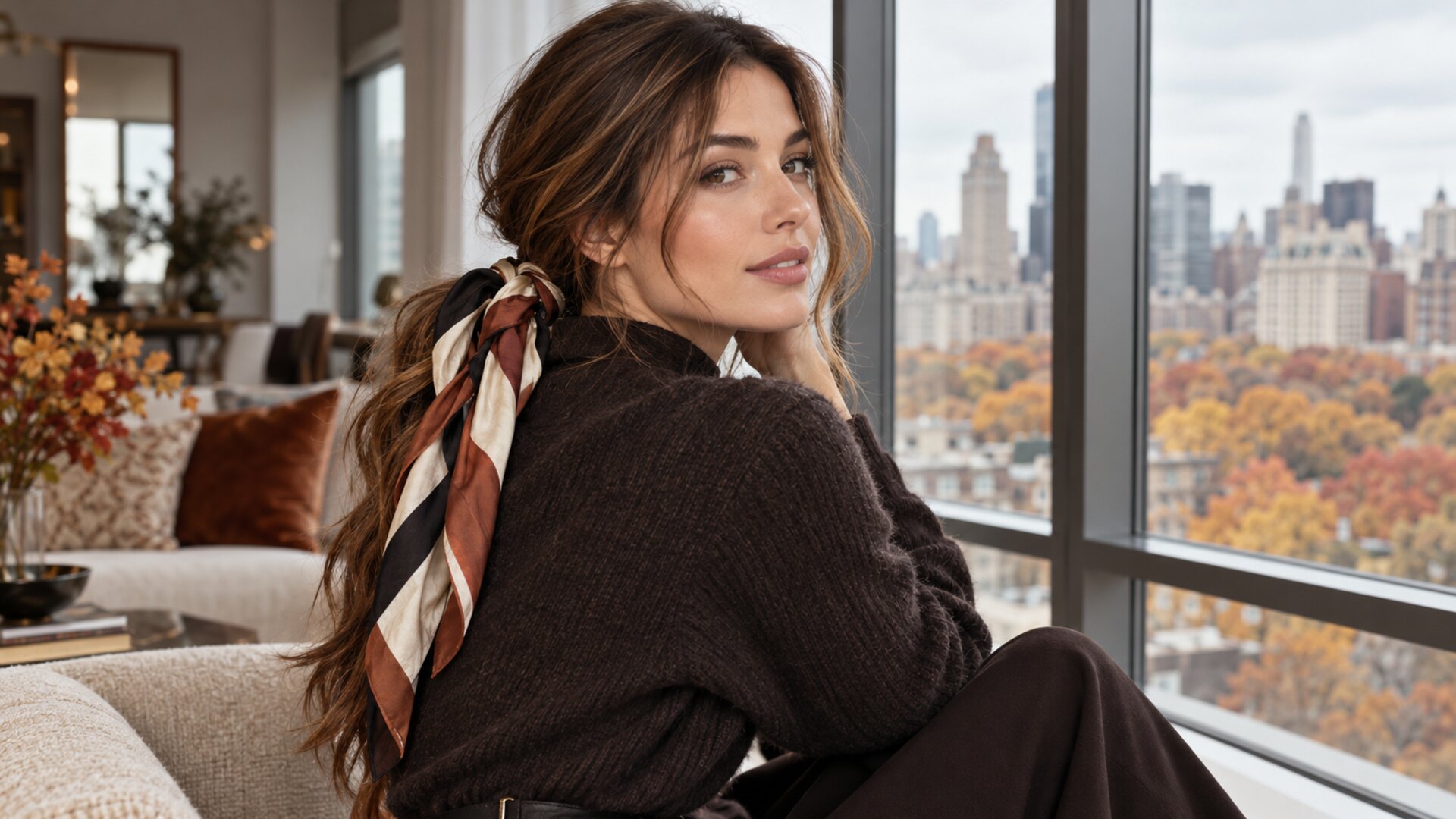Woman wearing a silk scarf ponytail, a polished fall 2026 hairstyle
