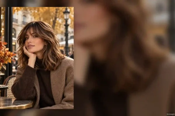 Woman with soft glossy brunette hair in an autumn city setting