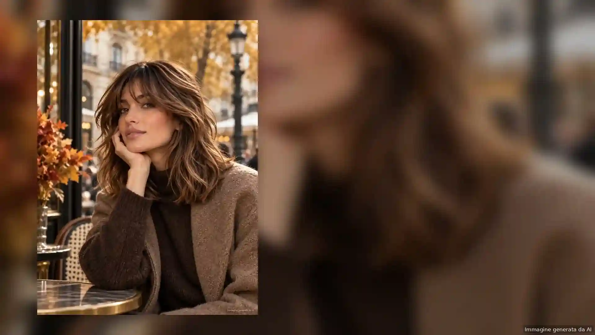 Woman with soft glossy brunette hair in an autumn city setting