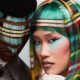 Due modelli con capelli decorati a tartan scozzese nei toni del verde, rosso, giallo, bianco e nero